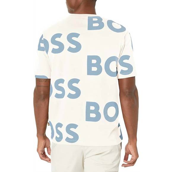 NEW HUGO BOSS all over logo sort sleeve crew neck cotton t-shirt in almond beige - Picture 3 of 3